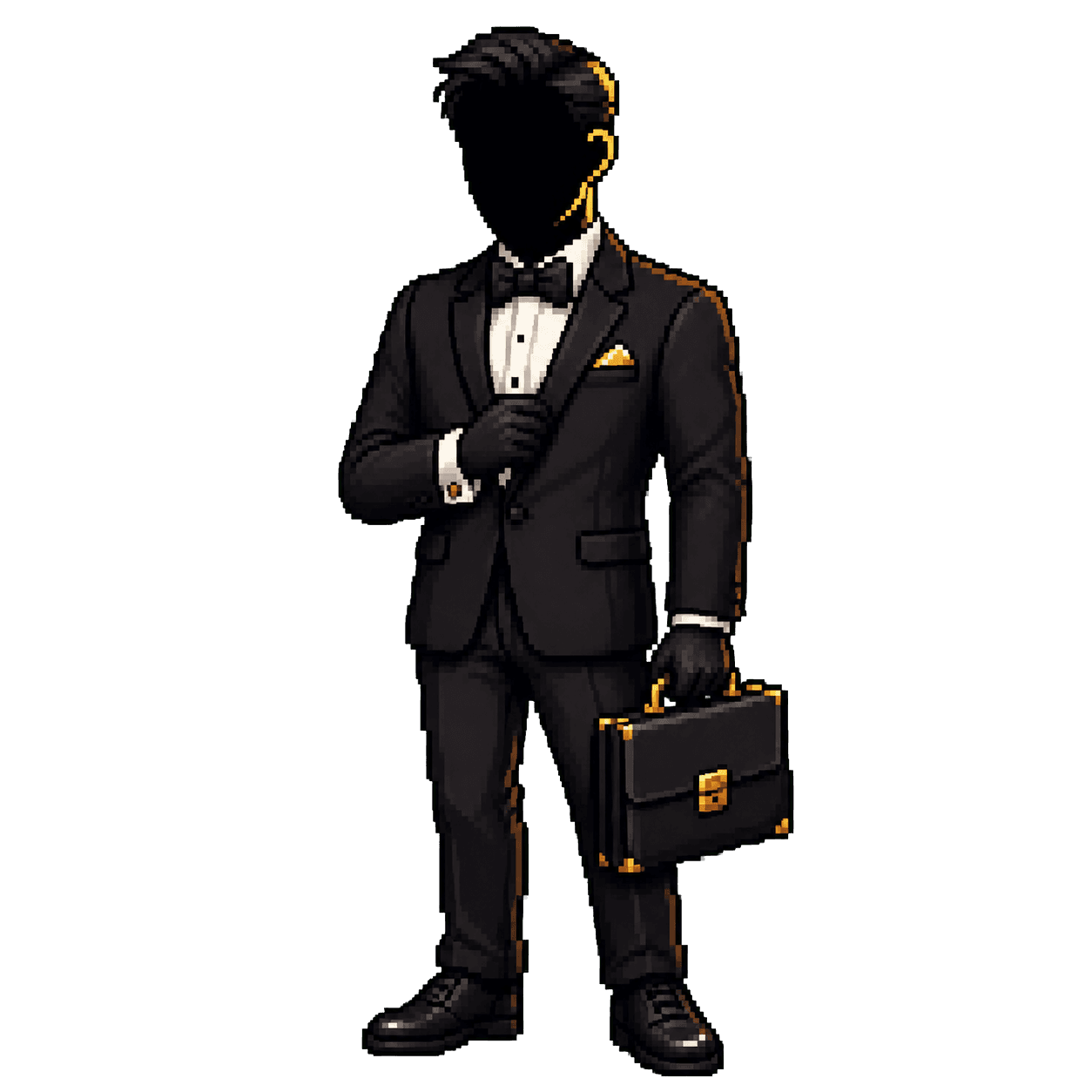Mission Leads pixel-art faceless secret agent mascot in a tuxedo holding a briefcase